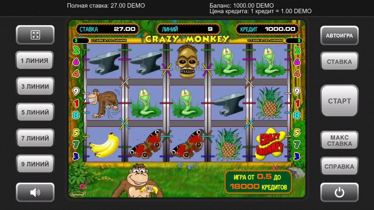 Игровой автомат Crazy Monkey в демо режиме.